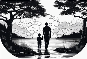 Silhouette of father standing in between daughter and younger son in front of water with tree and shading background tattoo idea