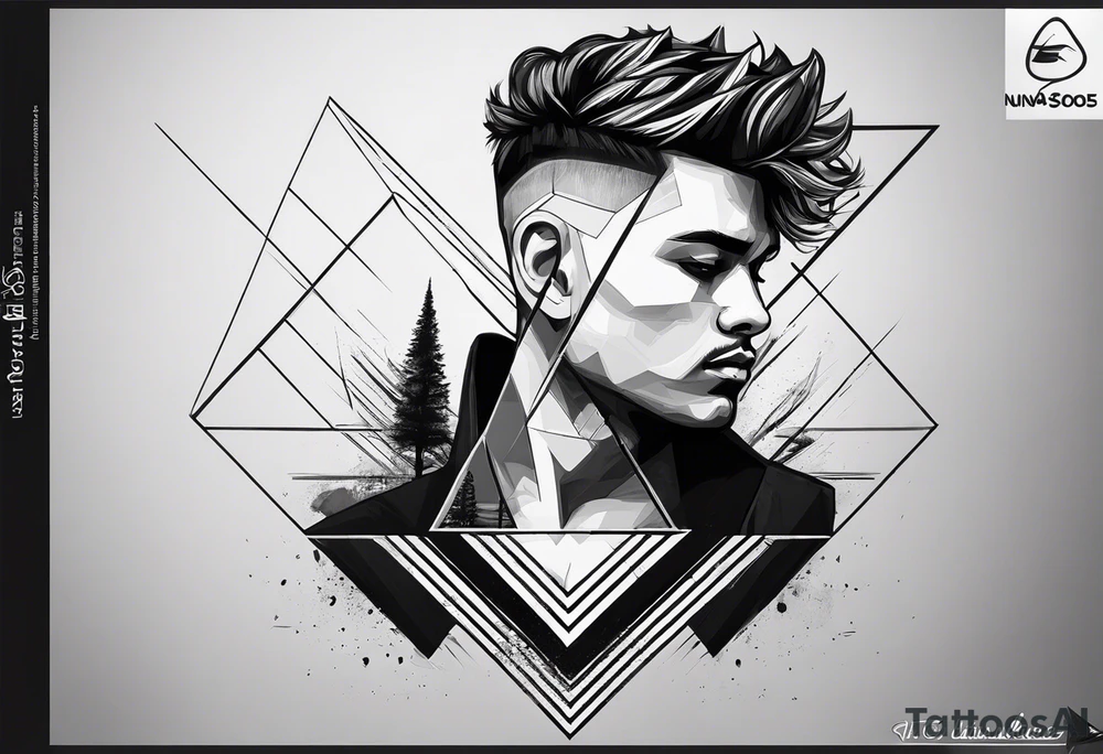 Un triangulo con una persona al medio, estilo de dibujo con lineas en blanco y negro mas simple solo lineas y una persona al centro, no mas de 6 lineas tattoo idea