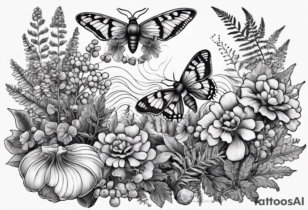 Botanical, wildlife, mushroom, bumble bee, moth, fern, berries for on an arm tattoo idea