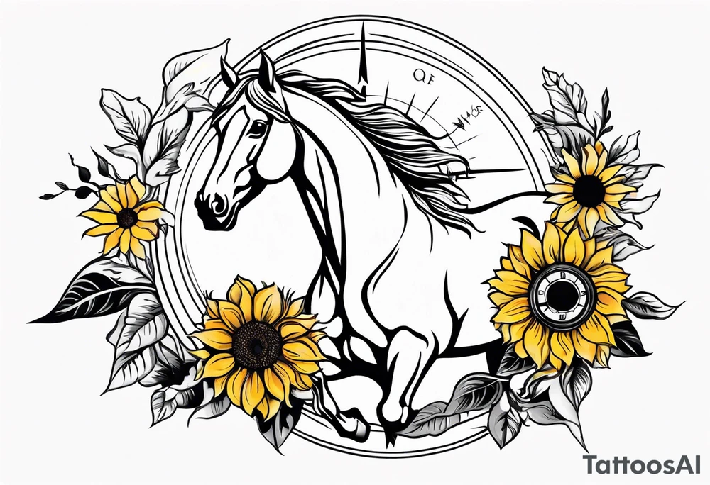 Horse, compass, sunflower tattoo idea