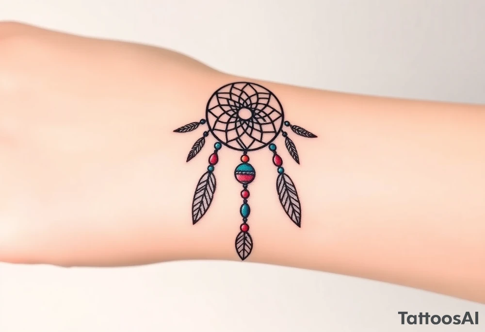 native dreamcatcher with flowing feathers and sacred beads tattoo idea