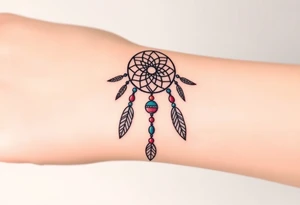 native dreamcatcher with flowing feathers and sacred beads tattoo idea