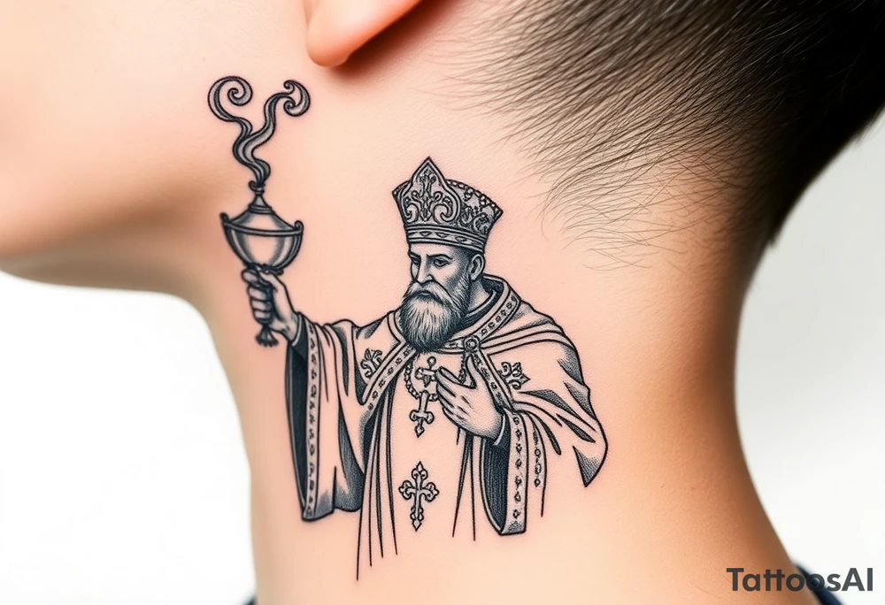 Russian Orthodox Priest in a fully detailed gold vestment swinging a censer with smoke curling upward tattoo idea