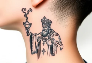 Russian Orthodox Priest in a fully detailed gold vestment swinging a censer with smoke curling upward tattoo idea