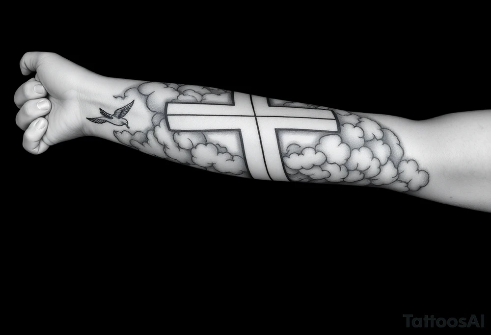 Big cross with clouds in the back everywhere  with a dove a the bottom left of the forearm with a blue circle ring it and the number 4 to the of the dove with whole tattoo covering the whole forearm and add fire and make sophisticated tattoo idea