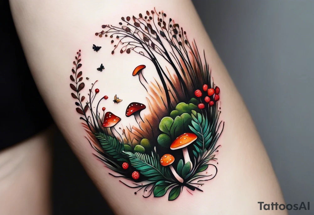 minimalistic forest floor inspired tattoo, which includes grass, moss, curly ferns and dead leaves as the bulk of the tattoo. details to include: forest berries, couple of very small brown mushrooms, a tiny bumblebee flying nearby tattoo idea