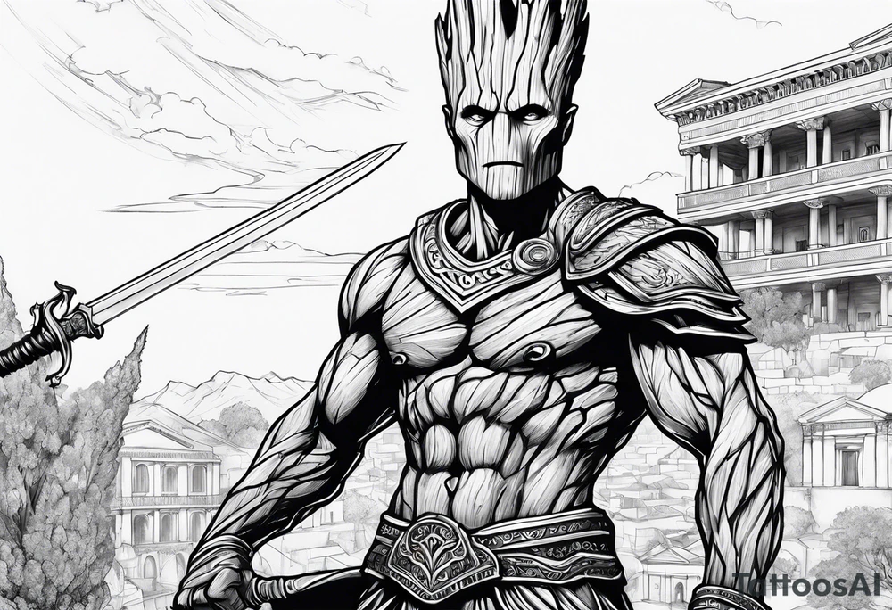 Groot greek warrior, half viewed with sword, knight, buildings are behind tattoo idea