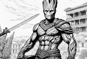 Groot greek warrior, half viewed with sword, knight, buildings are behind tattoo idea