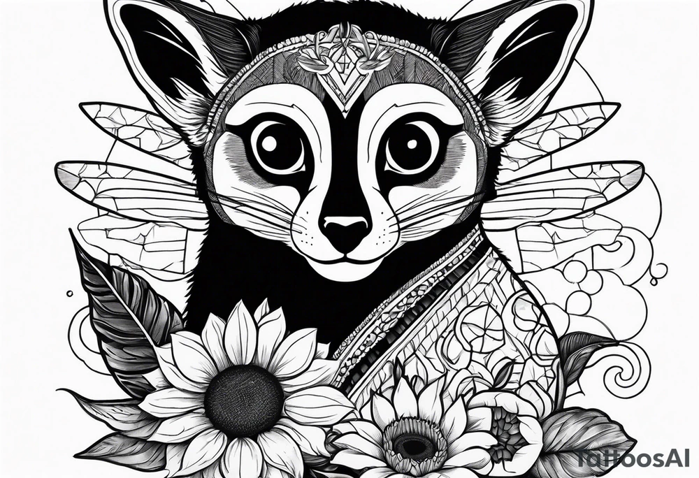 A lemur holding a sunflower with a bee circling tattoo idea A lemur holding a sunflower with a bee circling tattoo idea