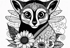 A lemur holding a sunflower with a bee circling tattoo idea