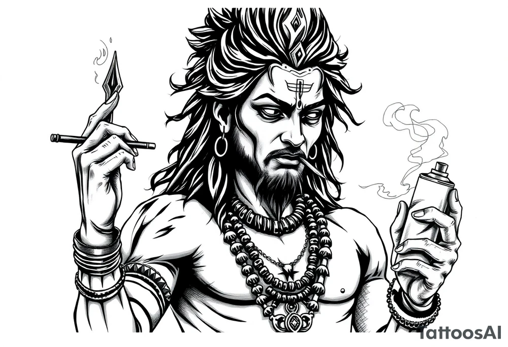 Shiva smoking a joint with one hand and holding spray paint with another hand tattoo idea