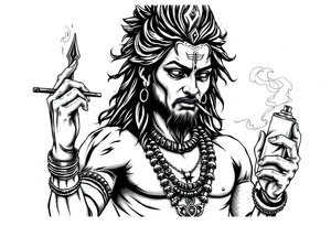 Shiva smoking a joint with one hand and holding spray paint with another hand tattoo idea