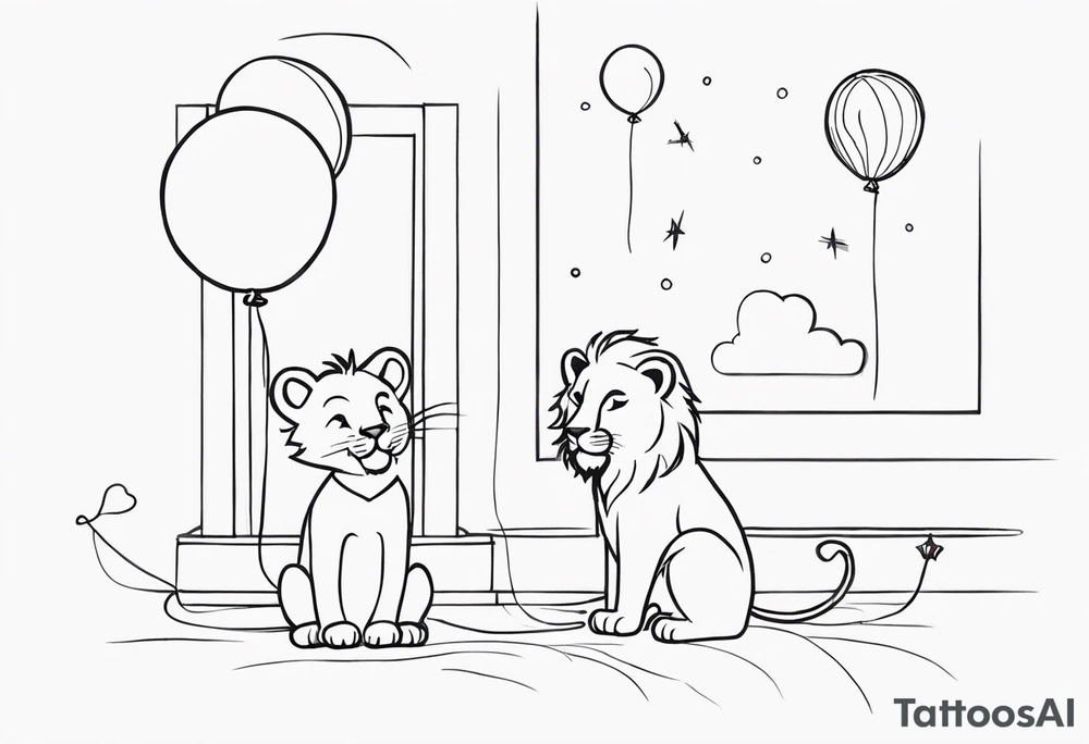 tatoo in sketch style only.
A little lion boy is holding a string to the hearth shaped small party baloon.
lion boy should be drawed from behind and has one hand reaching up in 45 degree angle and holding the baloon string
On the string is a wave which look like a hearbeat pulse.
draw it without any scenery, without any background. Just a boy 
Add heartbeat pulse on the string tattoo idea