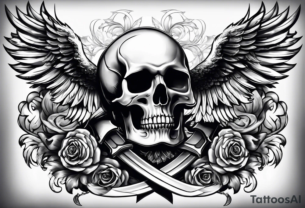 In the center is a half skull pierced by a large sword. On either side of the skull, there are spread angel wings, Beneath the skull is a ribbon tattoo idea