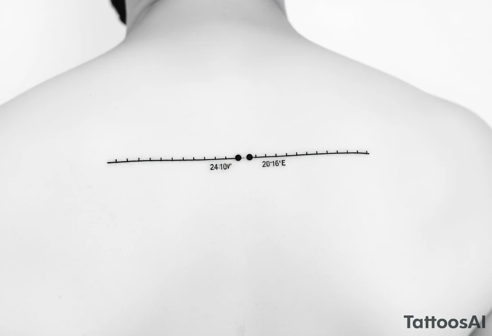 A minimal fine-line tattoo showing a straight, thin horizontal timeline with two small evenly spaced dots. Below the first dot, write the coordinates: "24°10′N, 20°16′E". Below the second dot, write: "53.4084°N, 2.9916°W". Above each coordinate, place a small circle or marker dot to signify key points. Beneath the entire timeline, add a single row of visual Morse code symbols using only dots (●) and dashes (—), arranged like this: — ● — ●   ● —   ● — ●   — — —   ● — ● ●   ● ●   — ● ●   ● — tattoo idea