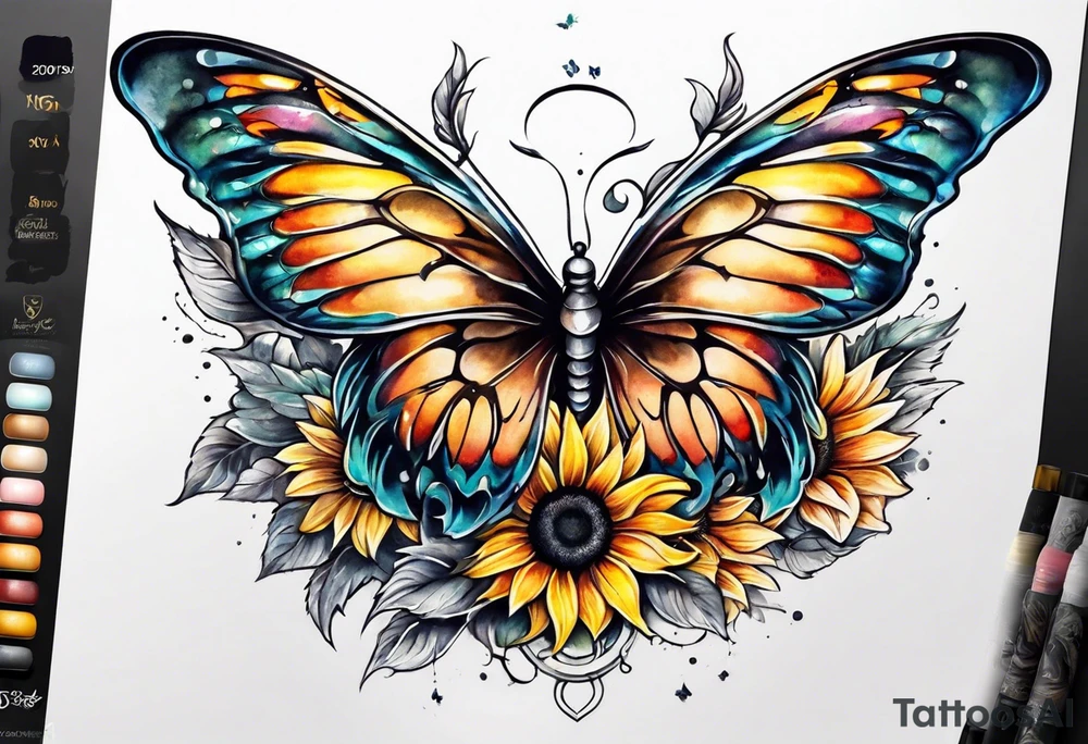 Sleeve with angel wings, sunflower and butterfly tattoo idea