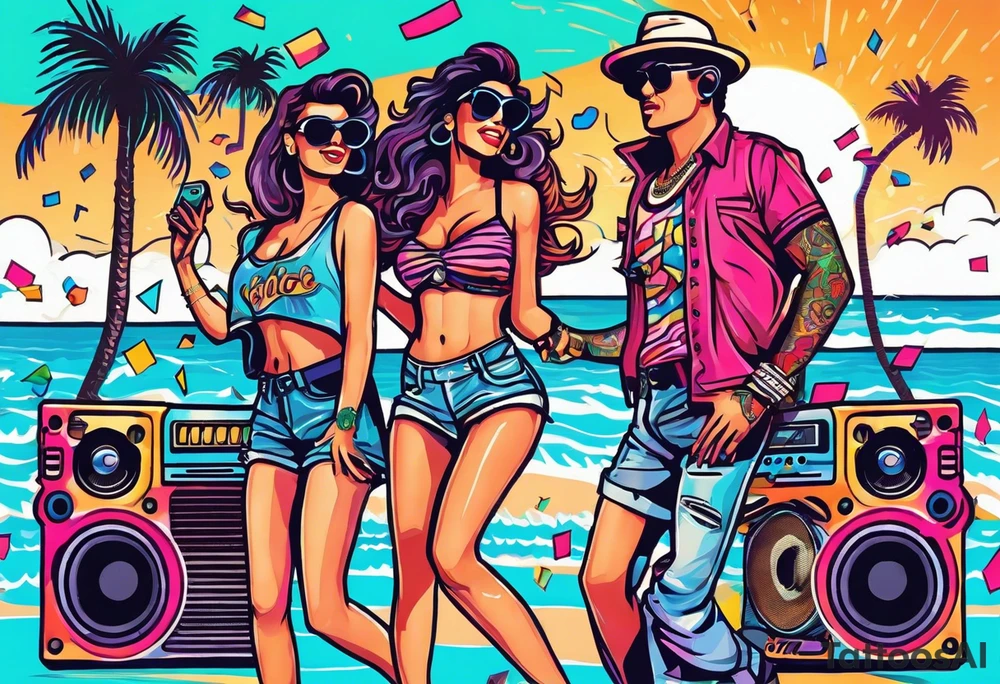 1980's style dance party with boom box and confetti in a beach theme. include people in 80's miami beach clothes, music note. tattoo idea
