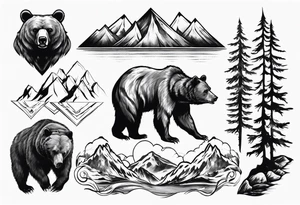 Bear with mountains, forest, rivers etc inside of it tattoo idea