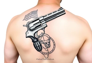 Revolver, American flag, state of florida, grenade, horseshoe, bulldog and blended into a half forearm sleeve tattoo idea