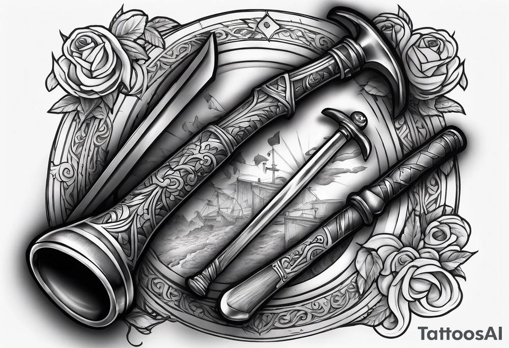A forearm tattoo that includes a halligan bar and flathead axe tattoo idea