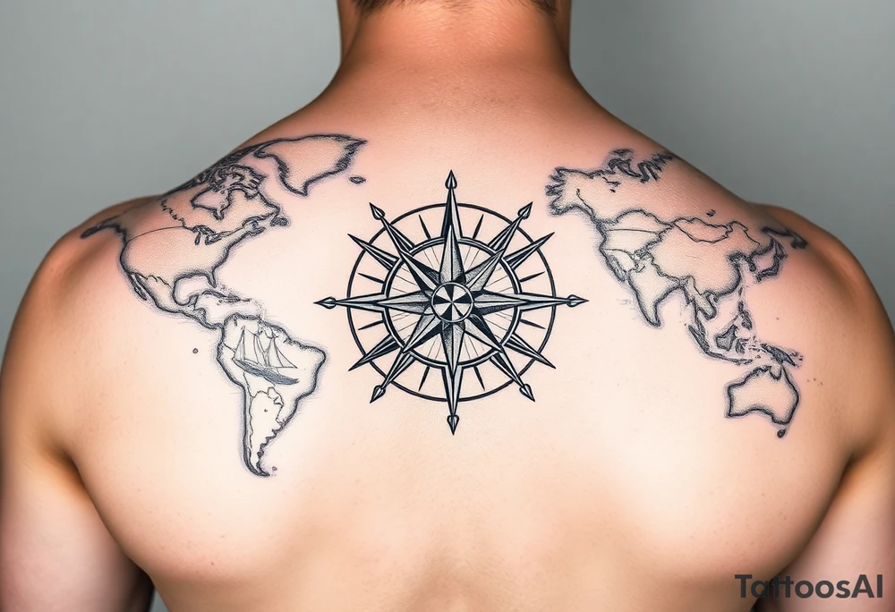 antique compass rose overlaid on weathered world map with sailing ships tattoo idea