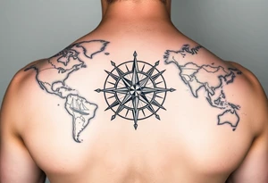 antique compass rose overlaid on weathered world map with sailing ships tattoo idea