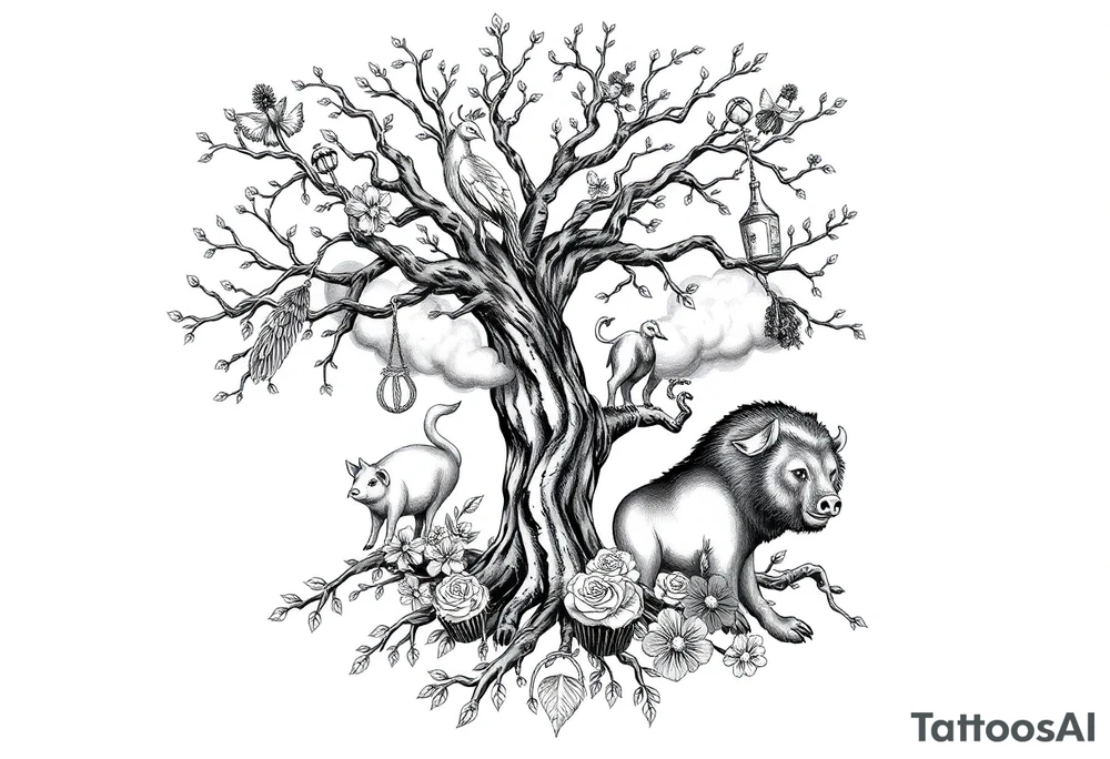 mystical tree  with cosmic  branches fat naked sexy woman , peacock , pig , cupcakes, liquor, cigerette, Storm clouds, pig, peacock , fat sexy naked fat woman, cupcakes, noose , money, goat lion, couple having sex, cigerette storm lightening, killing, darkness death, violent majestic creatures and fat naked girl tattoo idea