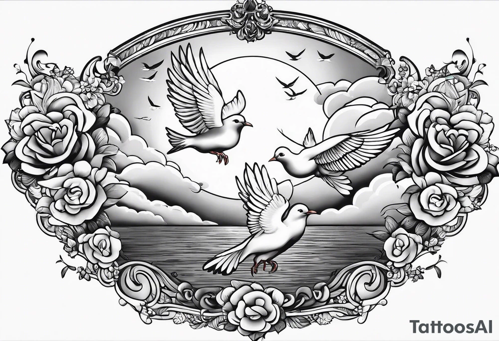religous arm sleeve with doves clouds tattoo idea