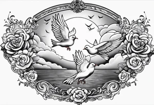 religous arm sleeve with doves clouds tattoo idea