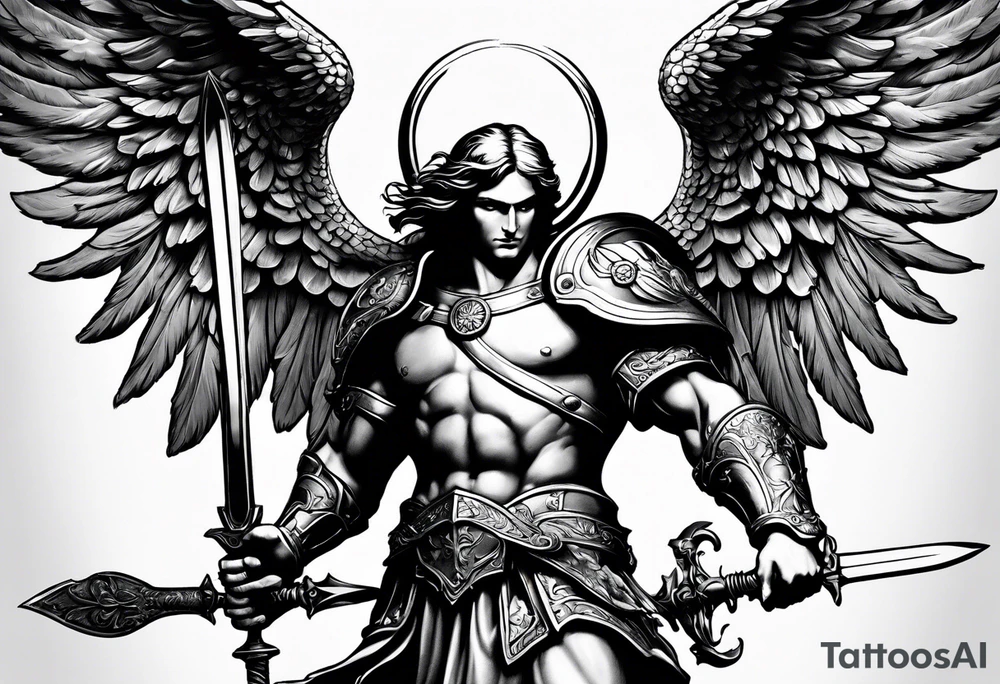 image of st michael the archangel with sword and shield slAYING A DEMON tattoo idea