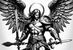 image of st michael the archangel with sword and shield slAYING A DEMON tattoo idea