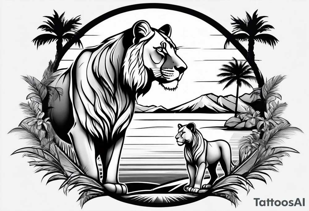 lioness and cub sun palm tree tattoo idea