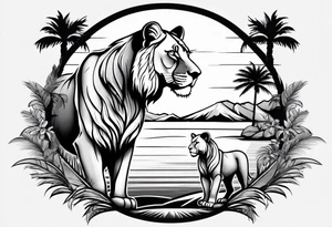 lioness and cub sun palm tree tattoo idea