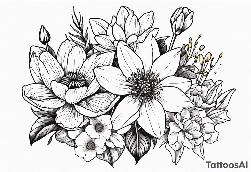 Poppy, water lily, Lily of the valley, daffodil, cosmo, rose, daisy flower bouquet, portrait style tattoo idea