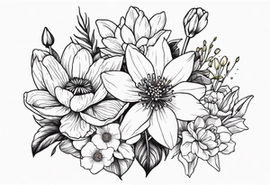 Poppy, water lily, Lily of the valley, daffodil, cosmo, rose, daisy flower bouquet, portrait style tattoo idea