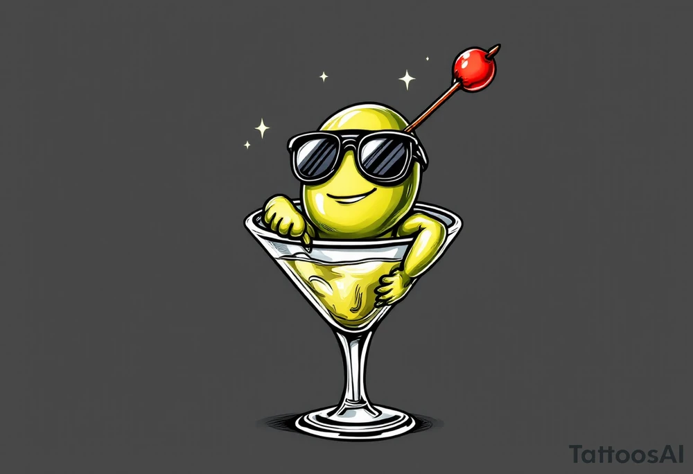 Pickled Martini Olive – A tough-looking green olive flexing its arms, wearing sunglasses, lounging in a martini glass. Add a red pimento core and a skewer like a spear. tattoo idea