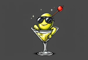 Pickled Martini Olive – A tough-looking green olive flexing its arms, wearing sunglasses, lounging in a martini glass. Add a red pimento core and a skewer like a spear. tattoo idea