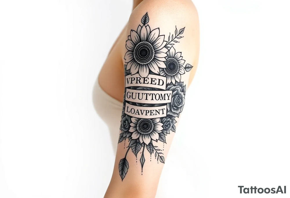 powerful sexy seven deadly sins with words greed, pride, gluttony, wrath, lust, sloth and envy, surrounded by sunflowers and roses tattoo idea