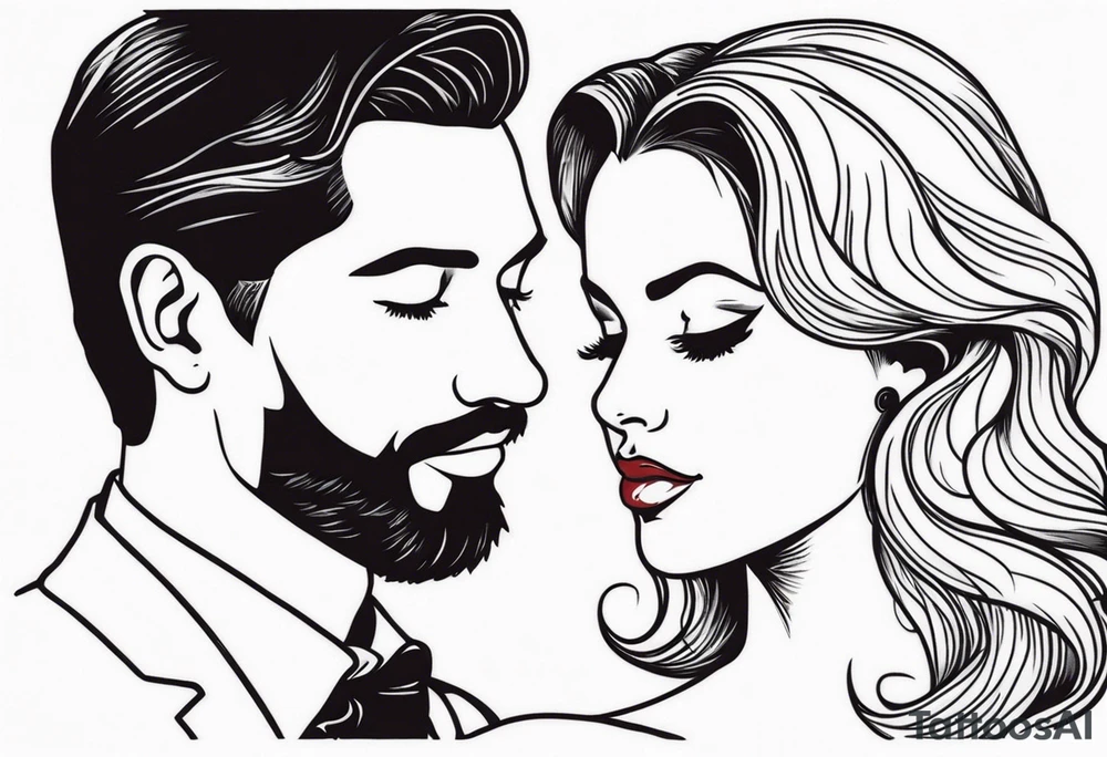 Busty red haired woman with a bearded man who has black hair getting married tattoo idea