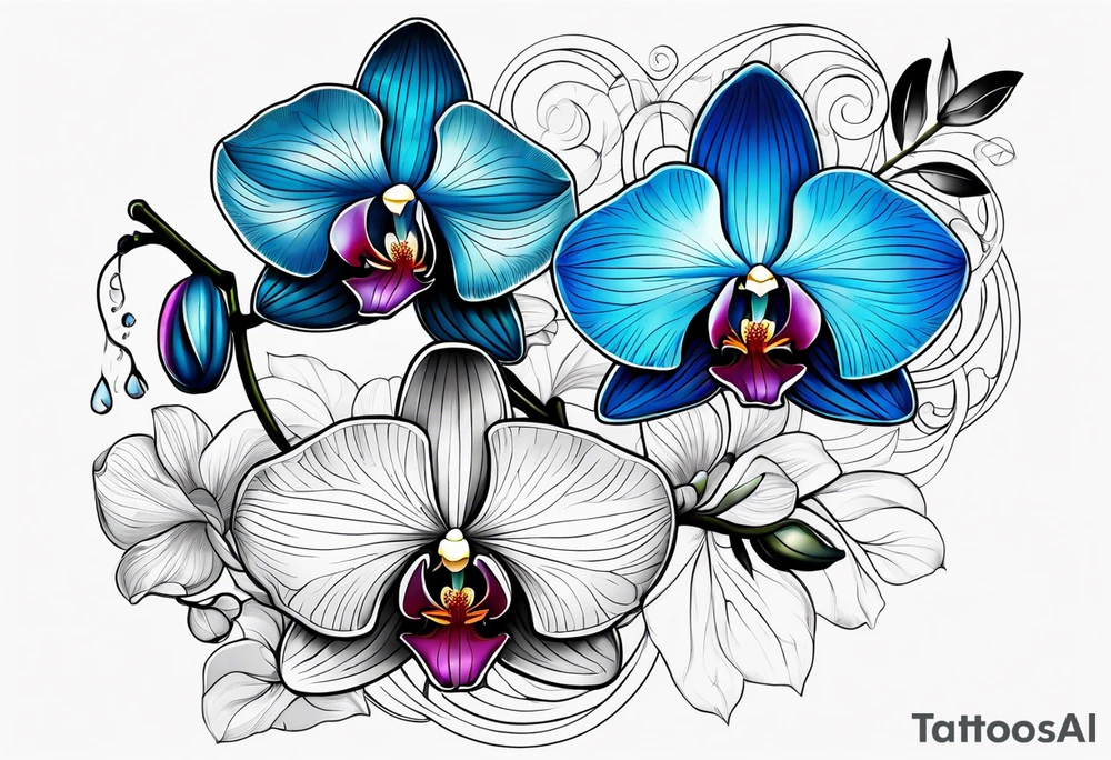 Long blue orchid with extra details tattoo idea