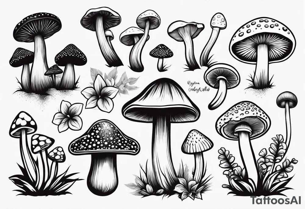 Variety of mushrooms flash sheet tattoo idea
