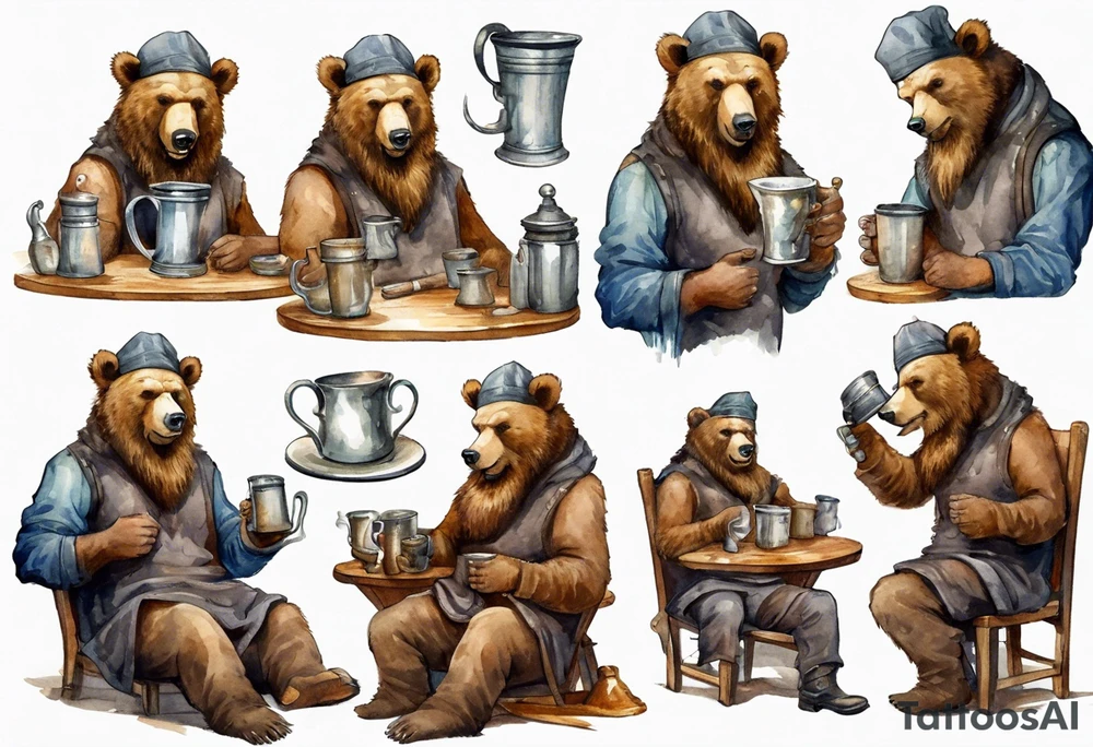 a bear-human hybrid with a long beard wearing a tunic and Phrygian cap and drinking from a pewter mug in a tavern, sitting in a chair, laughing tattoo idea