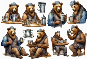 a bear-human hybrid with a long beard wearing a tunic and Phrygian cap and drinking from a pewter mug in a tavern, sitting in a chair, laughing tattoo idea