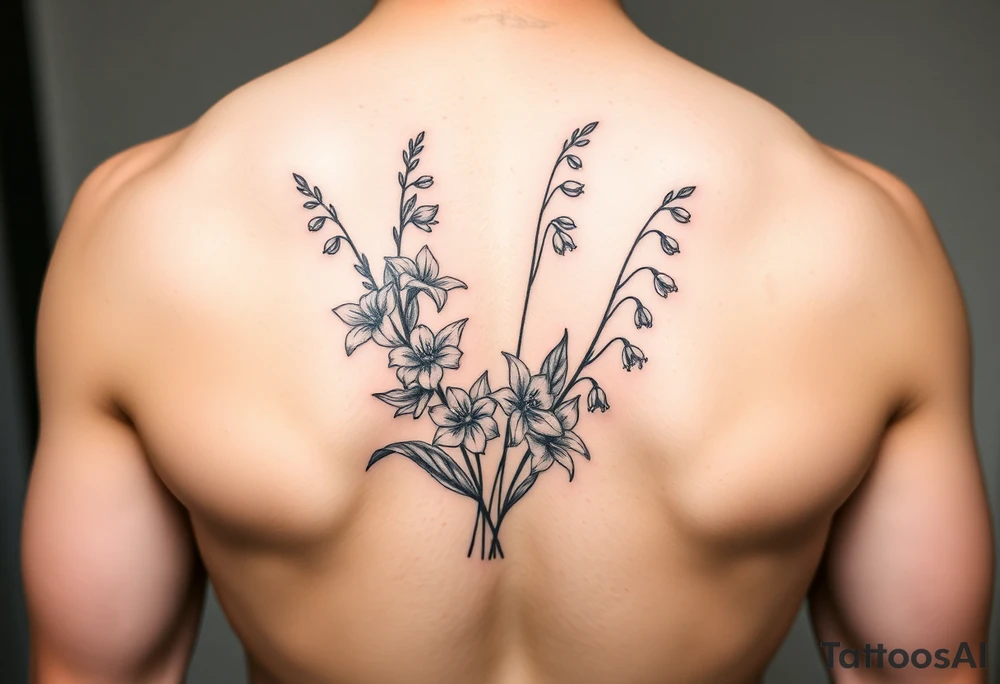 Larkspur and lily of the valley bouquet tattoo idea