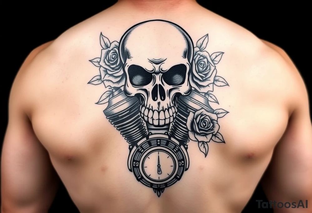 full back with Skull and motorcycle engine with
 roses tattoo idea