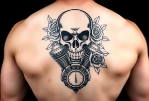 full back with Skull and motorcycle engine with
 roses tattoo idea