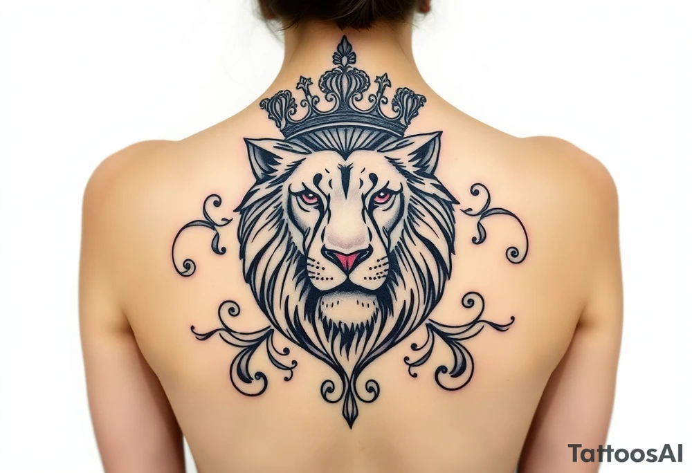 majestic lion wearing ornate crown, surrounded by baroque flourishes tattoo idea