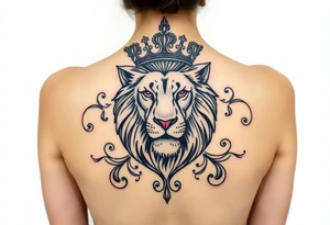 majestic lion wearing ornate crown, surrounded by baroque flourishes tattoo idea