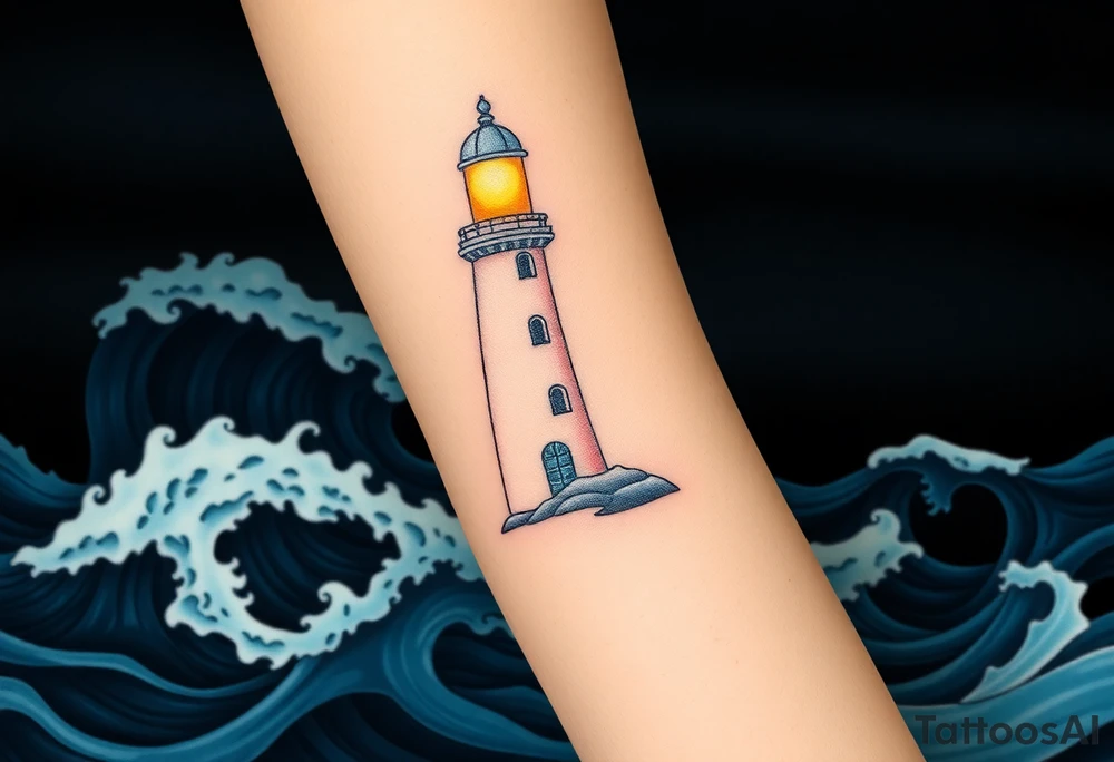 A calm, glowing lighthouse in soft whites and yellows, lighting up the dark ocean waves, contrasted against a violent, stormy sea, swirling with dark, foamy waves in black and dark blue, symbolizing safety and destruction in a single moment tattoo idea