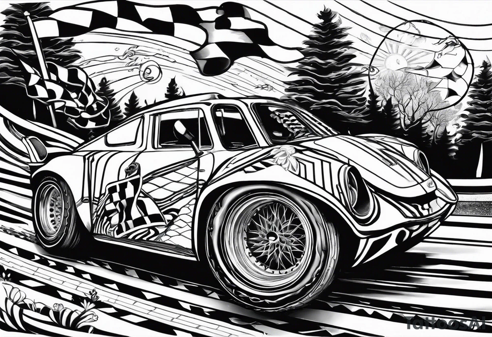 create a tatoo style image if the tortoise winning the face on a race track passing the hair on the tree. make the tortoise passing through the finsh line while raceway flags air flaring in the air at the finish line. make this tatoo style tattoo idea